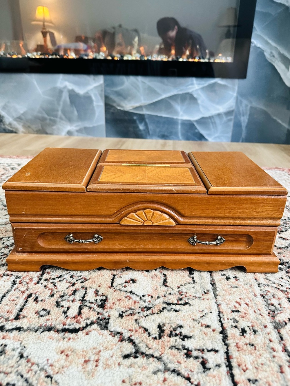 Wooden Jewelry Box with Carved Accents - Honey Brown